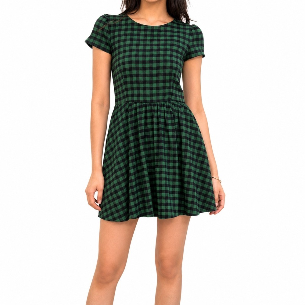 Tulip B Skater Mini Dress Women's Small Green Plaid Puff Sleeve Party Wear NWT